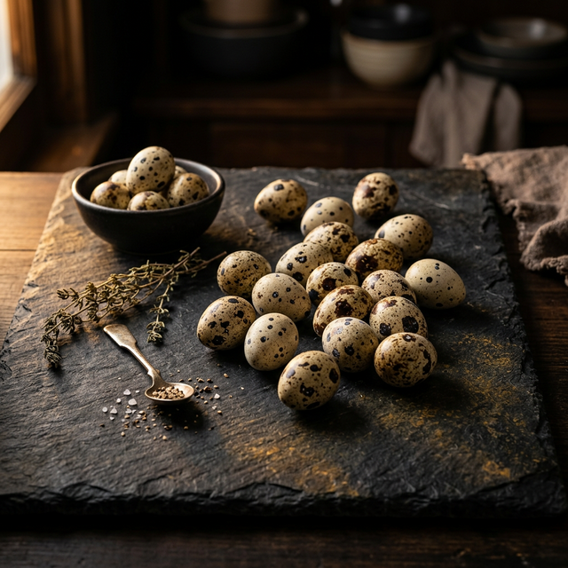 Fresh Albanian quail eggs — speckled, rich in nutrients